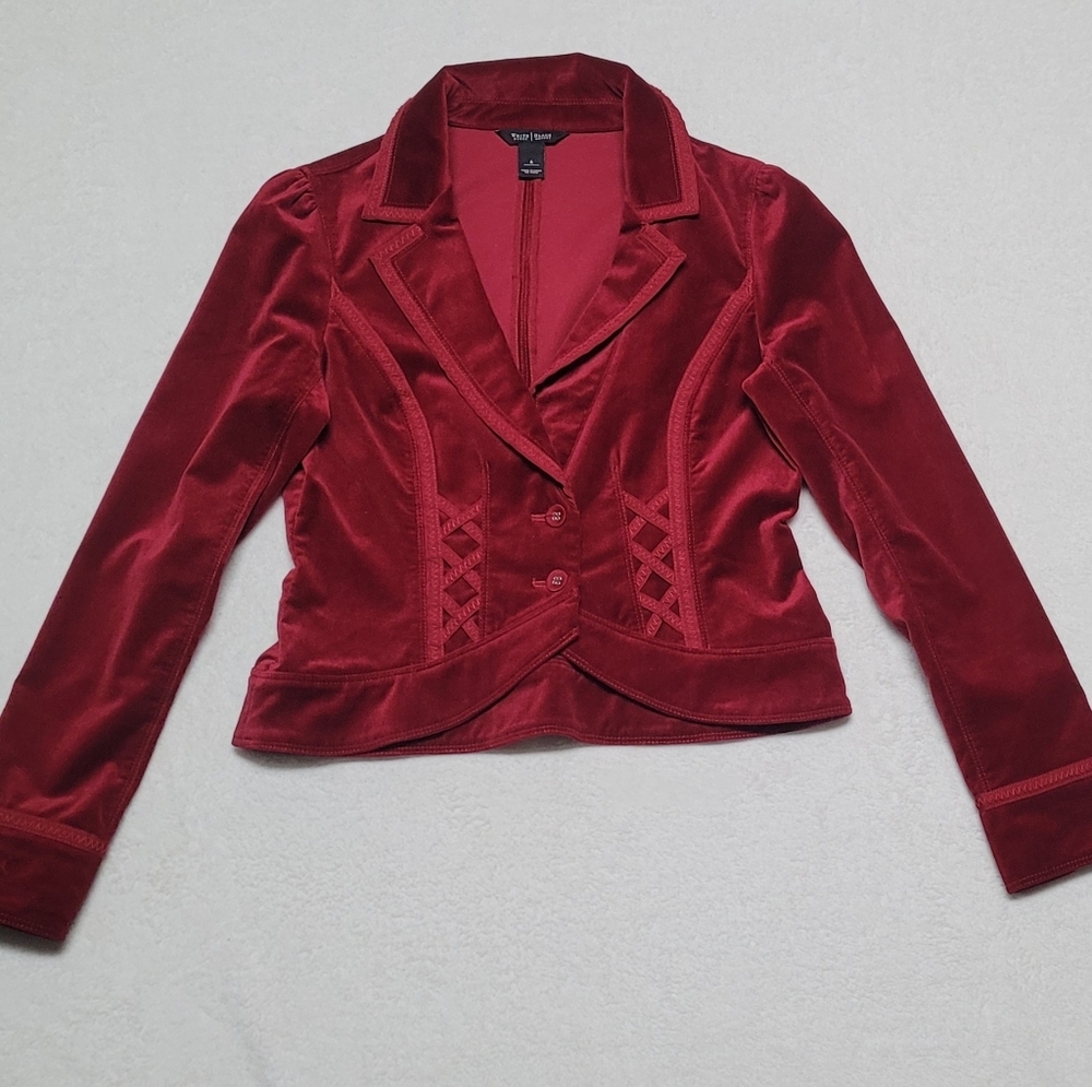 White House Black Market Vintage 90s Ruby Red Velvet Corset Style Cropped Jacket - Picture 2 of 11